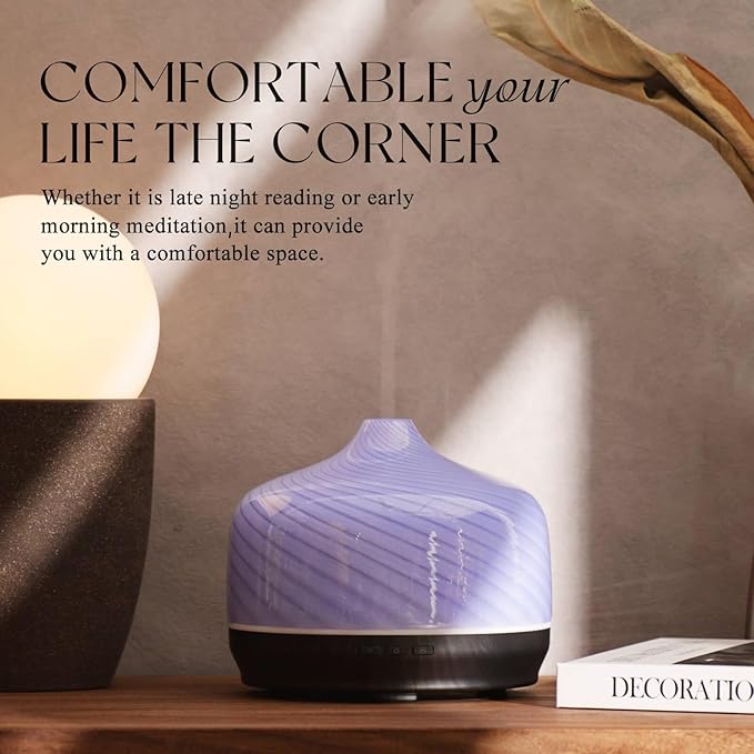 Porseme 500ml Glass Essential Oil Diffuser Aromatherapy Ultrasonic Cool Mist Humidifier 15-21 Running Hours Waterless Auto-Off Air Diffusers for Sleeping Yoga Office Working Spa and Rest (Pure Purple)