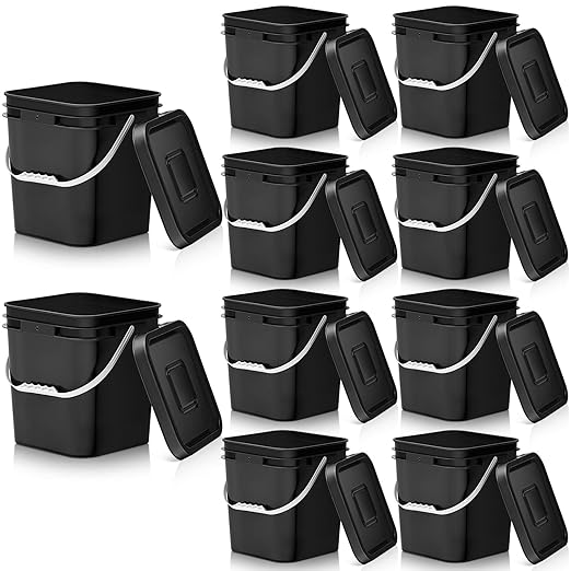 Mumufy 10 Pcs 3.5 Gallon Square Food Grade Bucket with Lid Plastic Pail with Handle and Lid Square Buckets for Storing Dry Food Charcoal Camping Fishing(Black)