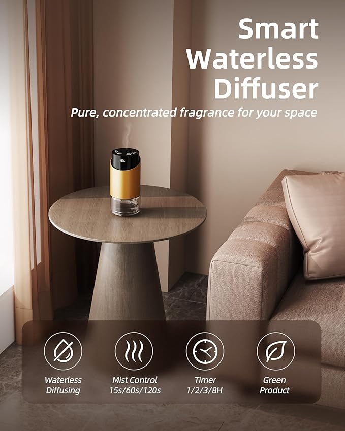 Waterless Essential Oil Diffuser Aromatherapy Scent Diffusers for Home Large Room, Bedroom, Car, Office, Desk, Battery Operated Mini Portable Air Freshener, 3 Countdown Timers & 3 Mist Levels