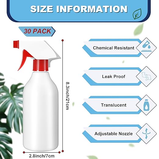 Tanlade 30 Pack Plastic Spray Bottles 16 oz Leak Proof Squirt Bottle Refillable Empty Bottles Spray Water Bottle Mist Sprayer with Red Nozzles for Hair Essential Oil Cleaning Solutions Plants Pets