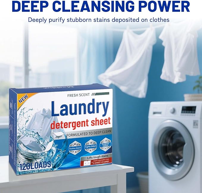 Laundry Sheet Paper, Washing Powder, Fresh Scent Laundry Detergent Sheets, 120 Loads, Deep Clean Formula with Stain Fighting Power(120PCS)