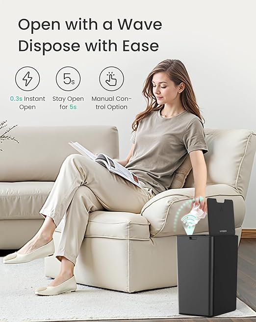 Cesun 4 Gallon Bathroom Trash Can with Lid, Small Automatic Trash Can, Touchless Motion Sensor Garbage Can, Black Plastic Waste Basket for Bathroom, Bedroom, Toilet, Office, Rv