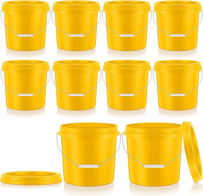 Tioncy 10 Pcs 2 Gallon Plastic Bucket with Lid Heavy Duty 2 Gallon Bucket Pail with Lid Handle for Storage Container Home Household Cleaning (Yellow)