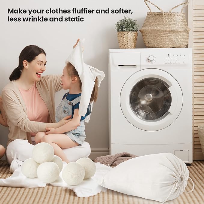 Roowest 24 Pcs Wool Dryer Balls Set Reusable Laundry Wool Balls with Muslin Bags Fabric Softener Anti Wrinkle Anti Static Saving Energy and Time