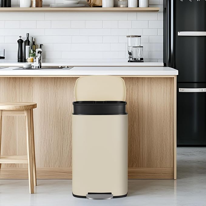 13.2+1.3 Gallon Trash Can Combo Set, Stainless Steel Garbage Bin with Pedal, Removable Inner Waste Bucket, Anti-Fingerprint, Soft-Close Locking Lid Dustbin for Kitchen, Bathroom, Office