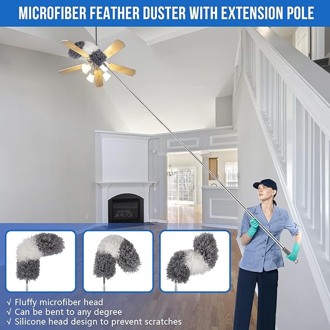 Microfiber Feather Duster 5-in-1 Kit for Dusting and Cleaning – 30–100" Extension Pole, Anti-Slip Grip, Bendable Washable Heads for Ceiling Fan, Furniture, Car (Blue)