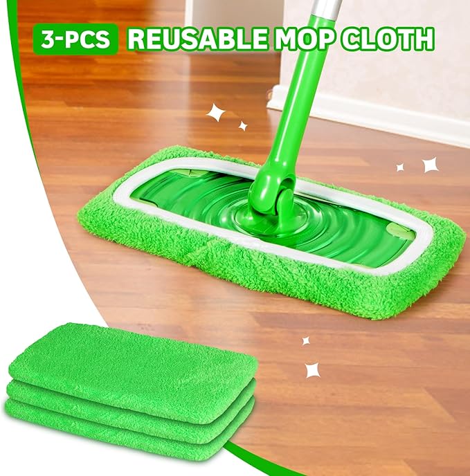 Reusable Microfiber Mop Pads Compatible with Swiffer Sweeper, 3 Pack Dry Sweeping Cloths & Wet Mopping Cloths, Washable Pads for Hardwood Floor Cleaning (Mop is Not Included)