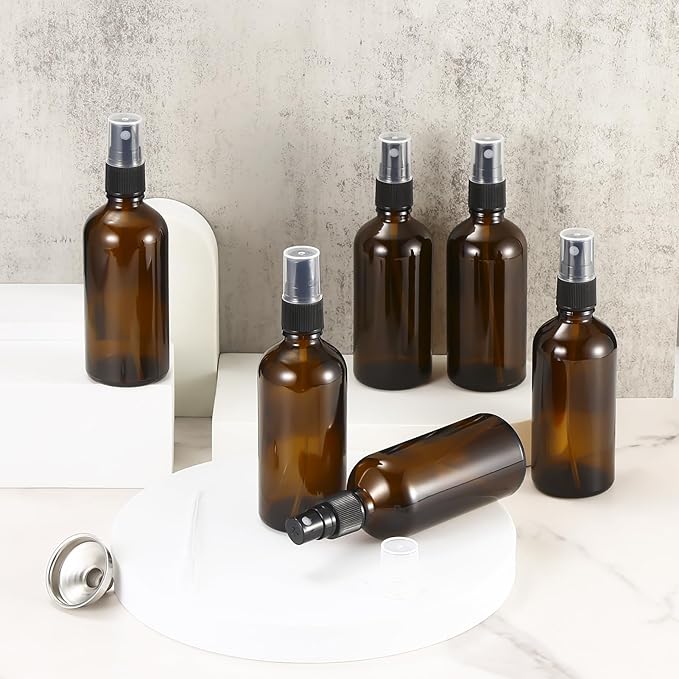 3.4 oz Amber Glass Spray Bottles,Empty Fine Mist Refillable Travel Spray Bottle for Cleaning,Perfume,Aromatherapy,Cosmetic Sprays,Hair,Essential Oils with Fine Mist Dispenser（6 Pack）