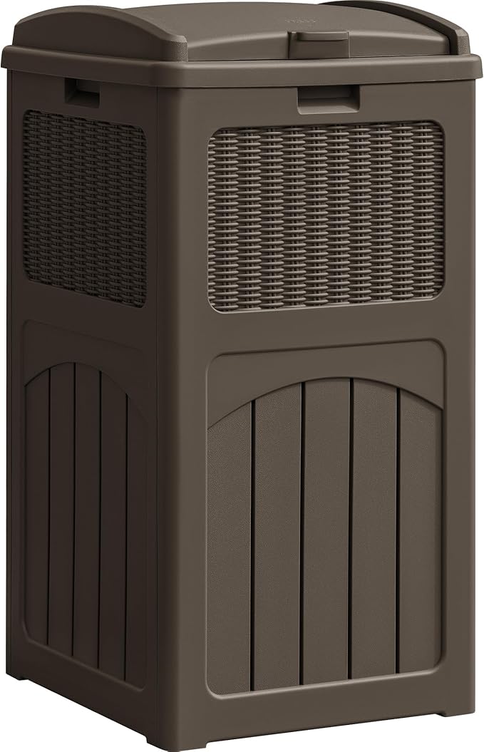 YESHOMY 33 Gallon Resin Outdoor Trash Can with Lid, Hideaway Waterproof Patio Garbage Bin, Brown