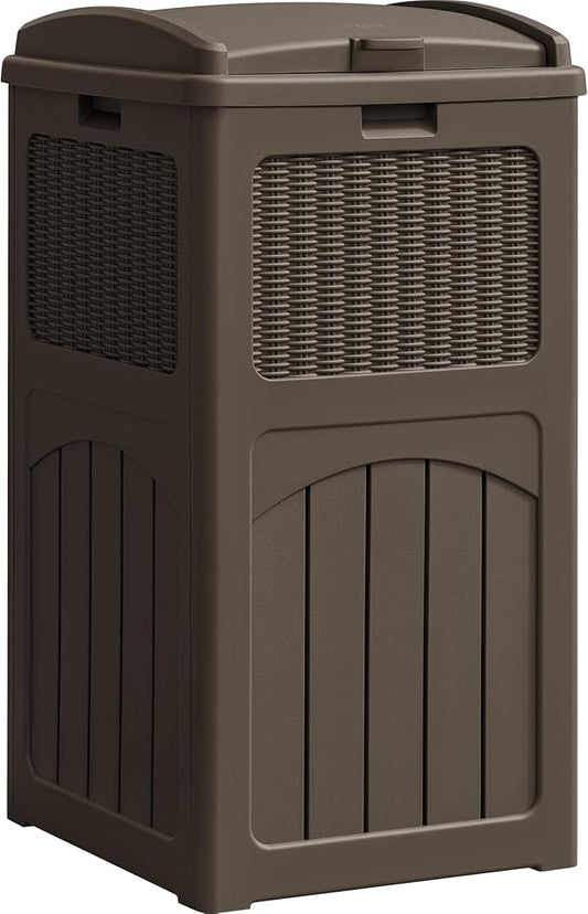YESHOMY 33 Gallon Resin Outdoor Trash Can with Lid, Hideaway Waterproof Patio Garbage Bin, Brown