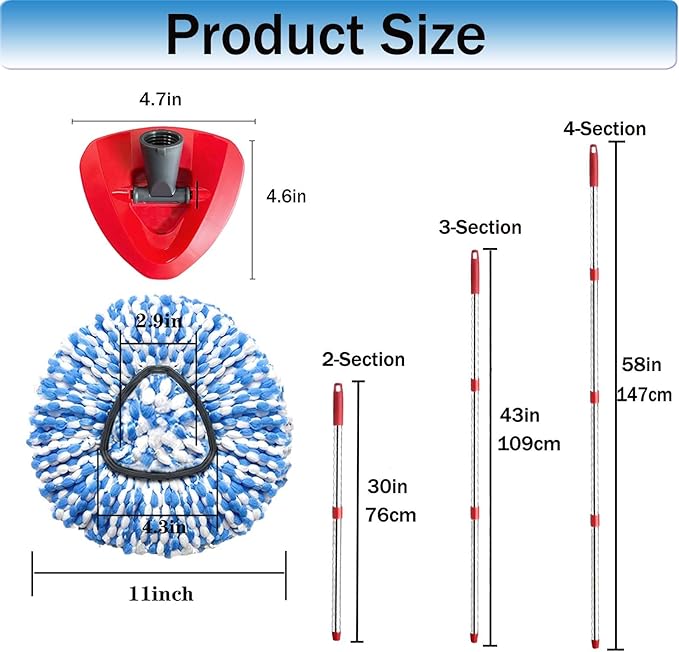 Spin Mop Replace Heads for O Cedar Rinse Clean 2 Tank System, Spin Mop Replacement Head 2 Microfiber Mop Refills, 1 Triangle Head Cover and 30-58in Handle