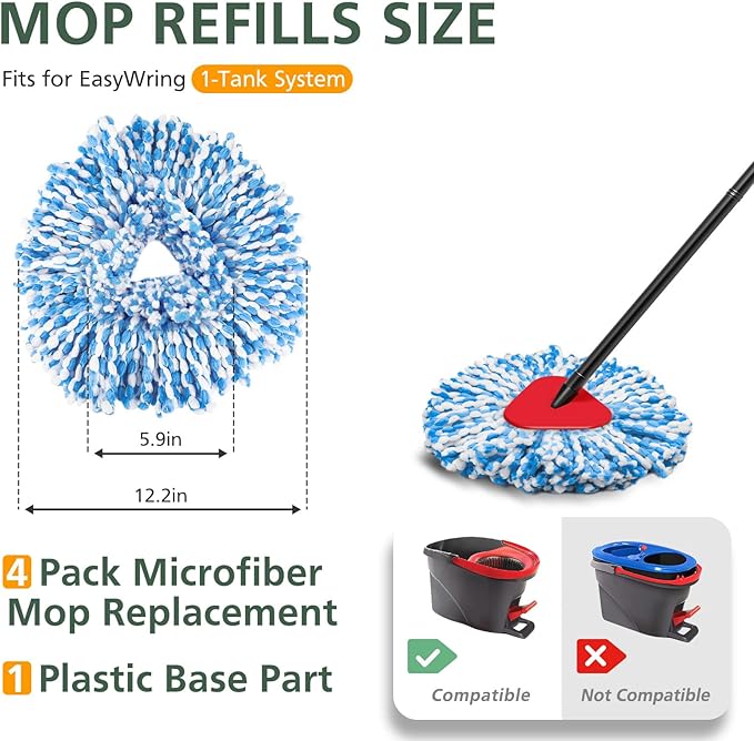 4 Pack Spin Mop Refill Replacement Head Compatible with EasyWring 1-Tank System Spinning Mop, with 1 Swivel Mop Base, 100% Microfiber Deep Cleaning Machine Washable - Blue