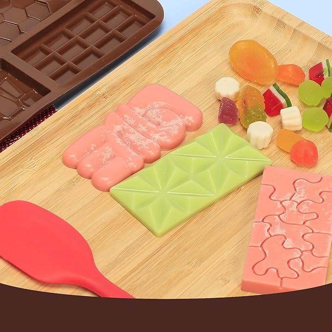 Chocolate Bar Mold Silicone with 6 Pattern, 2 Pcs 0.3-Inch-Deep Break-Apart Chocolate Molds for Homemade Protein and Energy Bar, Small Silicone Molds for Wax Melts/Candle/Resin, Jigsaw Shape