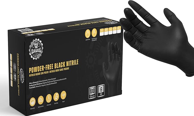 DAWG Black Nitrile Gloves, Disposable, Latex Free, Diamond Grip, Powder Free, Professional Grade