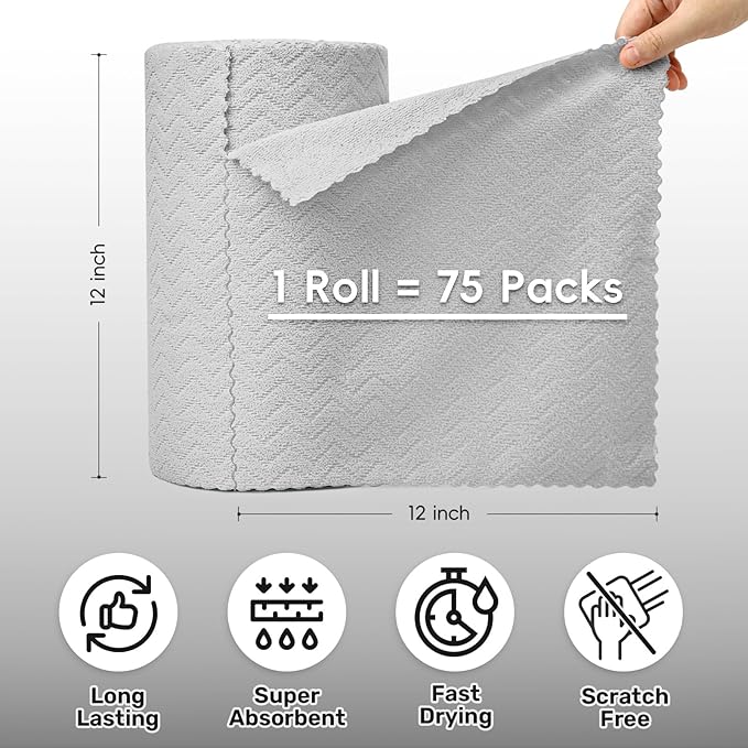 Microfiber Cleaning Cloths Roll, 75 Pack Tear Away Microfiber Towels Roll, 12" x 12" Lint Free Rags, Reusable Cleaning Cloths, Washable, Scratch Free,Ultra Absorbent Dish Rags(Grey Ripple)