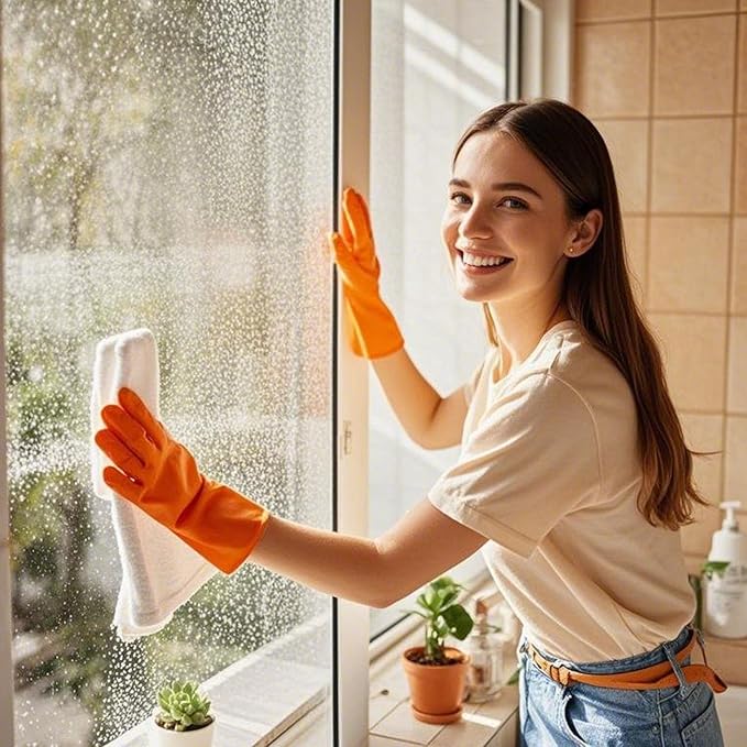 3 Pairs Rubber Cleaning Gloves Latex Free Dishwashing Gloves - 13" Reusable Nitrile Gloves Large, Orange+Pink+Red