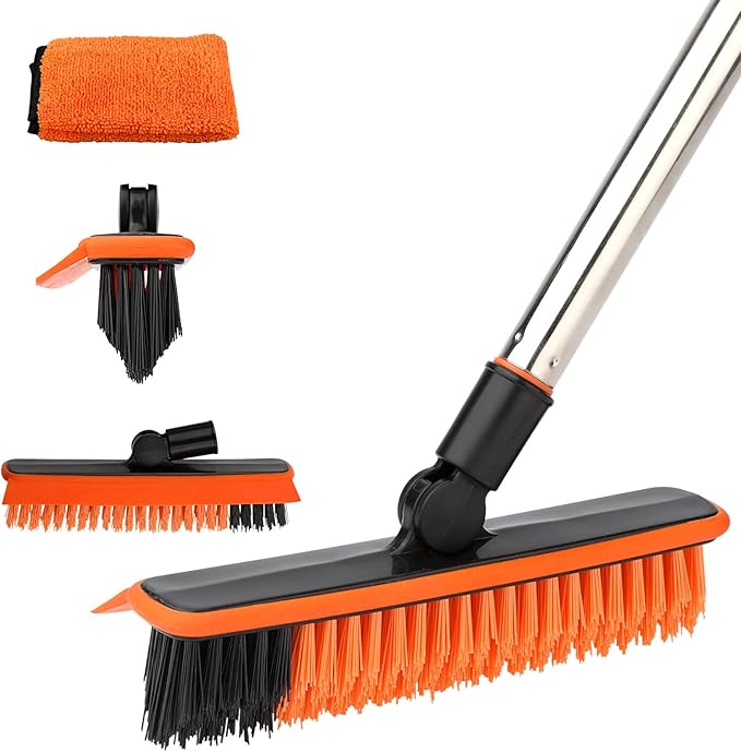 2 in 1 Floor Scrub Brush Grout Brush with 57.8" Long Handle,120°Rotatable Shower Tile Grout Cleaner Scrubber,V-Shaped Corner Brush for Hard to Reach Areas (Orange)