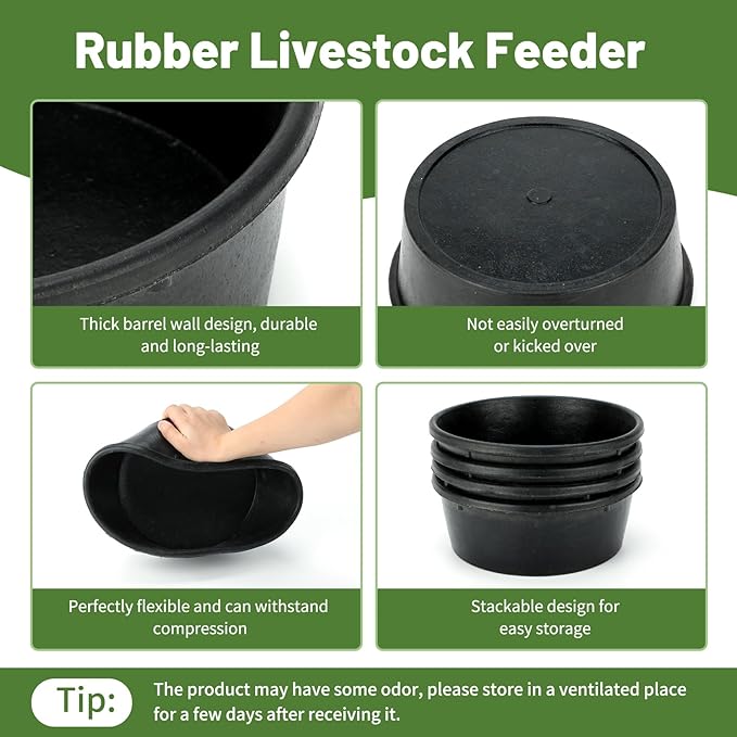 4Pcs Rubber Feed Pan, 1 Gallon Horse Feed Bucket Utility Feed Bucket, 10.6 x 4.1Inches Rubber Bowl Chicken Dust Bath Livestock Water Bowl for Pig Goat Chicken Dogs Farm Small Animal