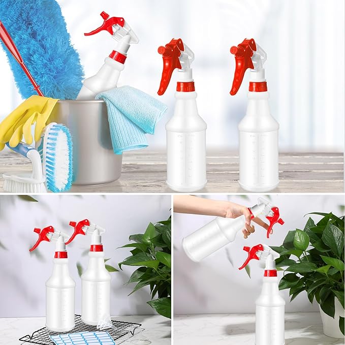 Zubebe 24 Pack 32 oz Plastic Spray Bottle Bulk Empty Leakproof Heavy Duty Spray Bottles for Cleaning Supplies Mist Bottles with Label and Adjustable Nozzle for Plant(Red and White,Clear Scale)