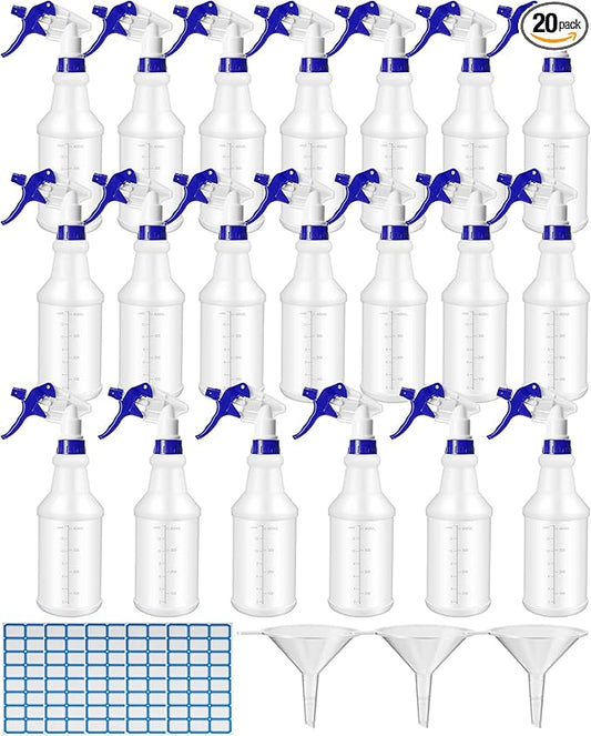 Eccliy 20 Pack 16oz Empty Spray Bottles, Leakproof Cleaning Bottles with Measurement and Adjustable Nozzle for Housekeeping, Commercial Use(Cylinder,Blue Spray Head)
