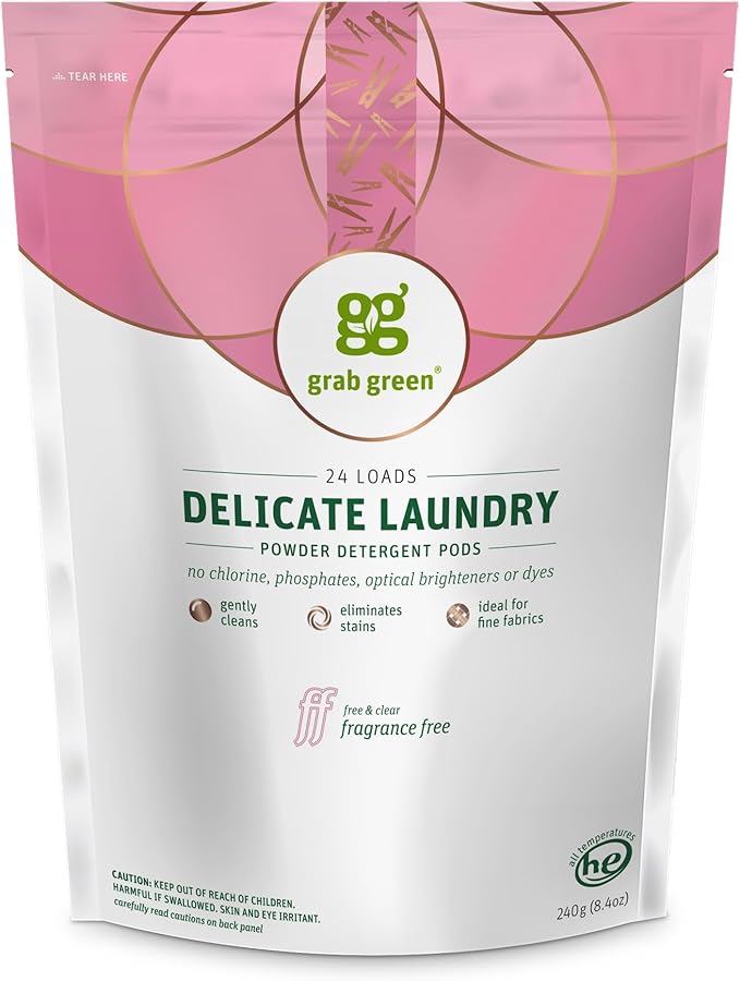 Grab Green Delicate Laundry Detergent Pods, 24 Count, Fragrance Free, Plant and Mineral Based, Superior Cleaning Power, Stain Remover, Brightens Clothes
