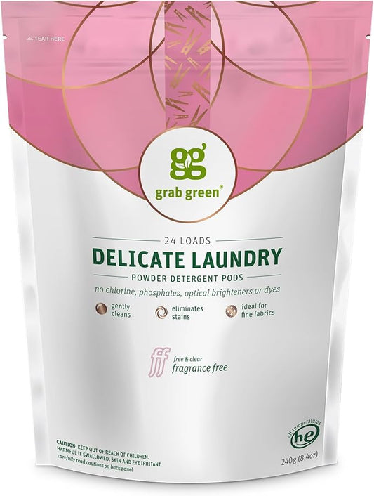 Grab Green Delicate Laundry Detergent Pods, 24 Count, Fragrance Free, Plant and Mineral Based, Superior Cleaning Power, Stain Remover, Brightens Clothes