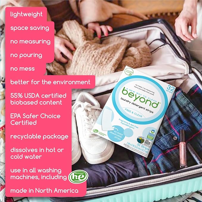 Beyond Laundry Detergent Strips [32 strips] - Free & Clear - Eco-friendly, Hypoallergenic. Travel friendly. Dissolvable Strips.