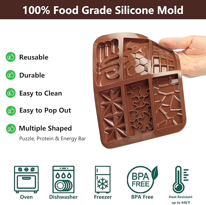 Chocolate Bar Mold Silicone with 6 Pattern, 2 Pcs 0.3-Inch-Deep Break-Apart Chocolate Molds for Homemade Protein and Energy Bar, Small Silicone Molds for Wax Melts/Candle/Resin, Jigsaw Shape