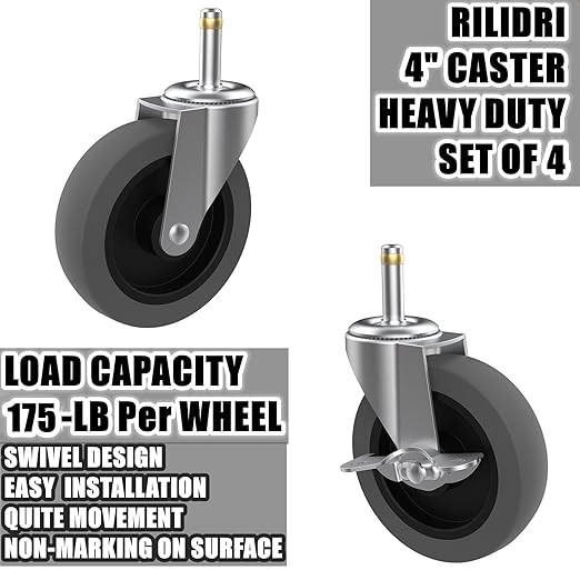 4-Inch Swivel Stem Caster for Rubbermaid Mop Bucket Utility Cart, 7/16-Inch Stem Diameter Rubber Wheel Set of 4, Heavy Duty TPR Weber Grills Shop Vac Replacement Wheels