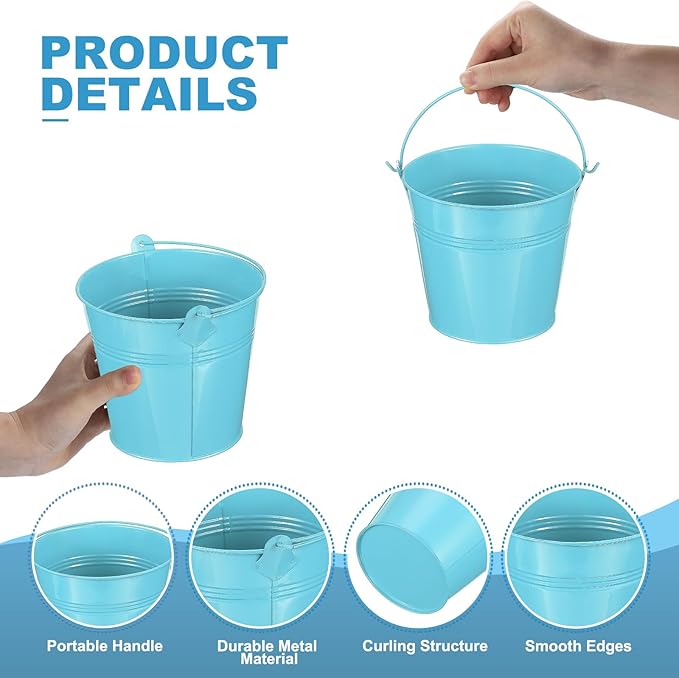 PATIKIL 5"x4.7" Small Metal Buckets with Handle, 12 Pcs Mini Bucket Easter Buckets, Blue