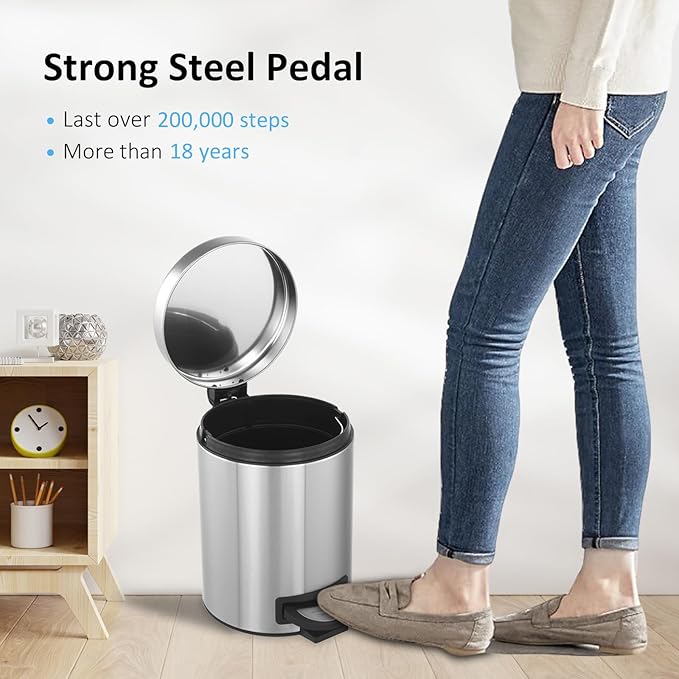Trash Can with Lid 2PC - 5Liter/1.3 Gallon Stainless Steel Trash Can with Odor Protection Kitchen Garbage cans with Soft-Close Foot Pedal for Bathroom Home Office(2pc)
