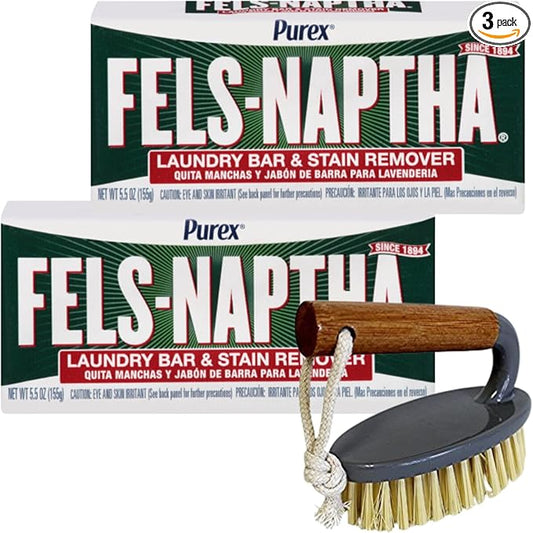 Fels-Naptha Laundry Detergent Bar Soap and Stain Remover Bundle - Includes 2 (5-ounce) Fels Naptha Laundry Bar, Eco Bamboo Laundry Scrub Brush, DIY Laundry Detergent Recipe by FOXTAIL COLLECTIVE