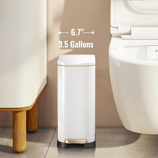 ELPHECO Bathroom Trash Can with Lid Soft Close, 3.5 Gallon / 13.5 Litre Stainless Steel Pedel Garbage Can with Removable Inner Bucket, Wastebasket for Bathroom, Office, Bedroom, Matte White