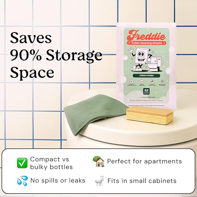 Freddie Toilet Cleaner Sheets - Fresh Pines Scent - Plastic Jug-Free Alternative to Liquid Cleaners - 32 Dissolvable Cleaning Strips