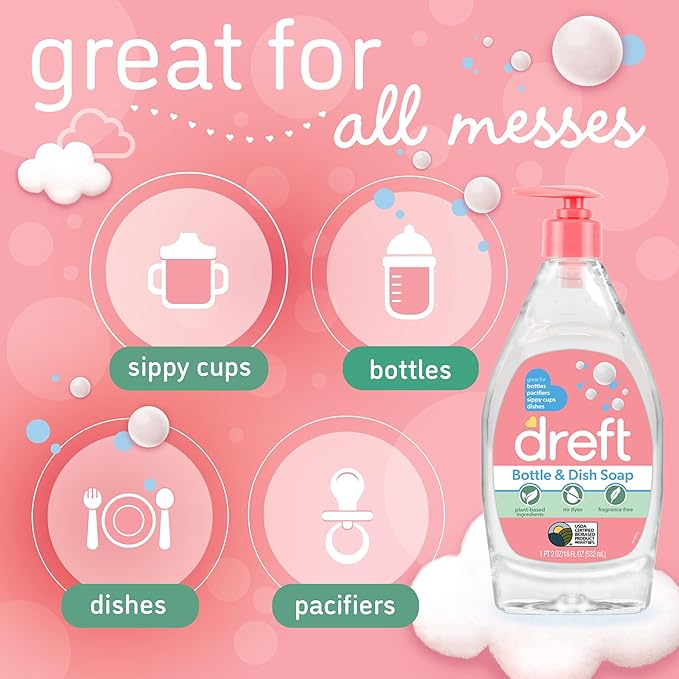 DREFT Bottle and Dish Soap | Made to Clean Baby Bottles, Sippy Cups, Pacifiers, Breast Pumps, & More | Gently Removes Milk Film & Odors | Plant Based, Fragrance Free Dish Soap | 18 Fl Oz (Pack of 3)