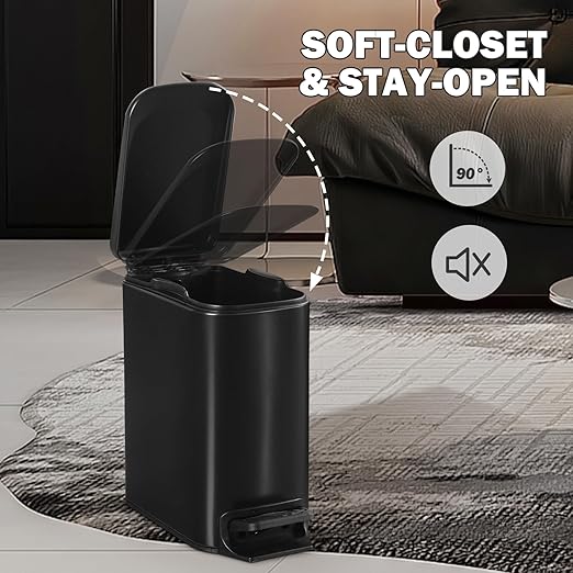 ELPHECO Small Bathroom Trash Can with Lid Soft Close 1.8 Gallon / 6.8 Liter Stainless Steel Garbage Can Slim Black Wastebasket for Bathroom, Office, Bedroom, Matte Black