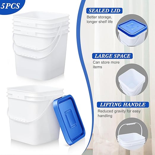 Mumufy 5 Pcs 3.5 Gallon Square Food Grade Bucket with Lid Square Bucket Pail with Plastic Handles for Storing Dry Food, Charcoal, Camping, Fishing (Blue Lid)