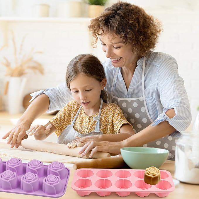 10 Cavity Rose Silicone Mold for Chocolate, Candles, Soap Making, Ice Cube, Heat & Cold Resistant (-40°F to 446°F), 2 Pack Baking Molds with Easy Release & Cleaning