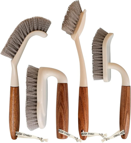 4-Pack Heavy Duty Scrub Brushes Set with Wooden Handles, Triangle & Square Floor Scrubber, Dish Brush, Grout Cleaner for Kitchen, Bathroom, Tile, Carpet & Stubborn Stains Removal