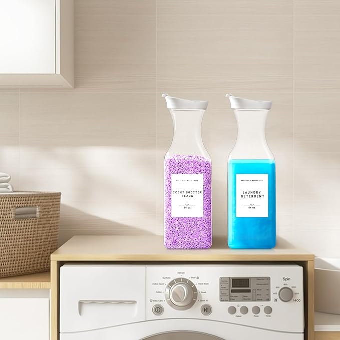 Laundry Detergent Dispenser Bottle 54oz with Waterproof Label for Laundry Detergent Soap Fabric Softener Bleach Scent Booster Beads, Sturdy PET Plastic Bottle for Laundry Room Decor 2 Pack White