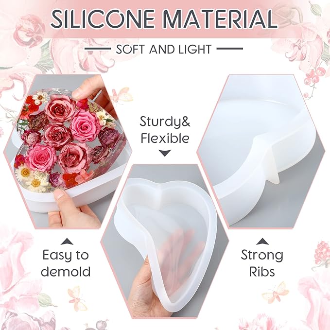 3 Pcs Large Silicone Molds for Resin - Glossy Deep Square, Hexagon, Heart Bookends & Round Molds for Flowers Preservation & DIY Art Making