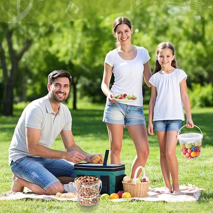 24 Pcs 48 oz Clear Buckets with Lids, Plastic Ice Cream Containers with Colorful Stickers and Handle, Round Food Storage Pails for Freezer and Microwave