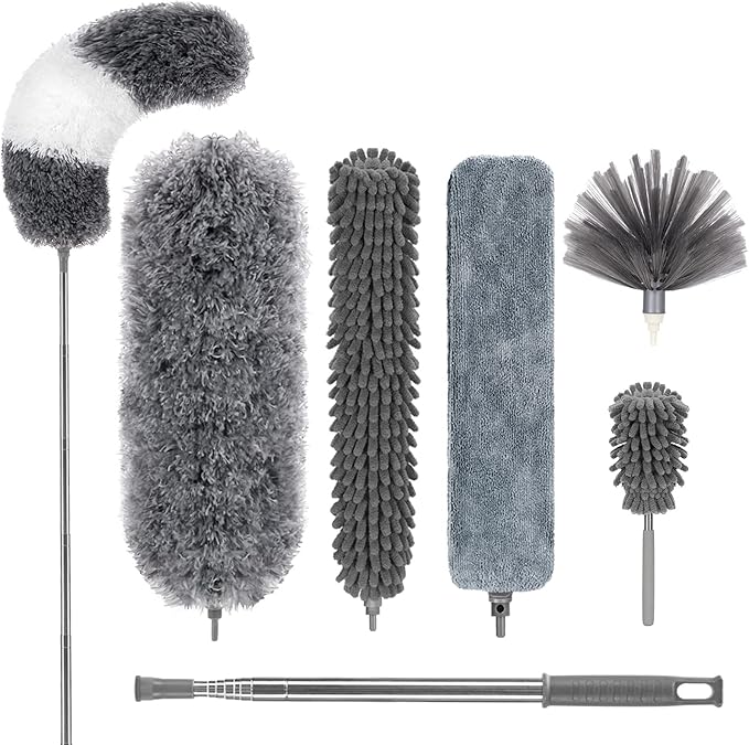 DELUX Microfiber Feather Duster,7 PCS Reusable Bendable Washable Cobweb Duster with 100 inches Extra Long Extension Pole for Cleaning Ceiling Fan, High Ceiling, Blinds, Furniture & Cars