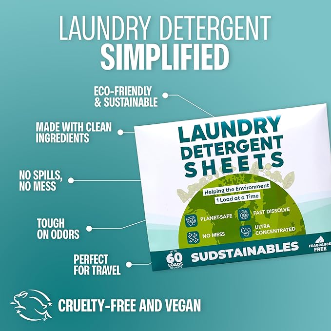 Sudstainables Laundry Detergent Sheets 60 Loads – Dissolvable Laundry Sheet for Washing Machines, Compact Alternative to Liquid & Powder Detergent, Travel-Friendly Soap | Fragrance Free