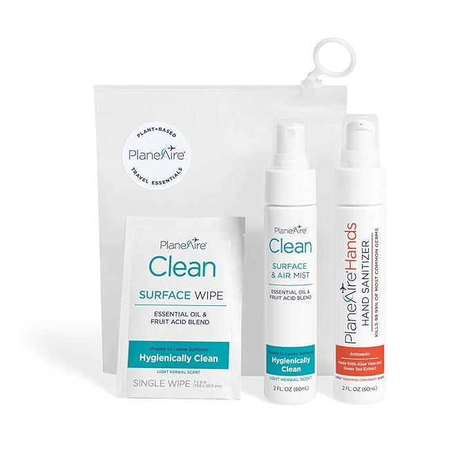 Travel Essentials | Hygiene Kit | Travel Toiletry Kit | Travel Size | Spray Hand Sanitizer Tangerine Coriander Scent | Surface Wipes | Individual Travel Wipes | Surface Cleaner | With Essential Oils