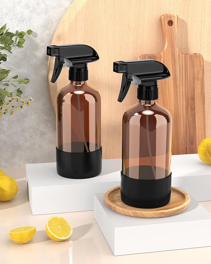 Glass Spray Bottle with Silicone Sleeve Protection, Amber Glass Spray Bottle Set for Window Cleaner Aromatherapy Facial Hydration Watering Flowers Hair Care 2 Pack/16 oz (Black)