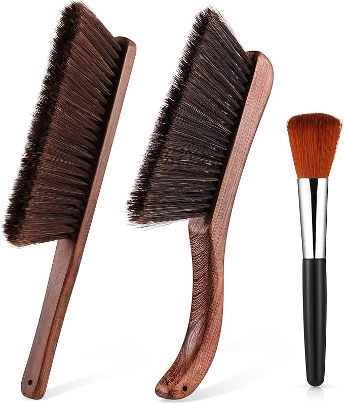 3 Pcs Wooden Hand Broom Set Counter Duster Dusting Bench Brushes Long Soft Bristles Handle Detail Brushes for Fireplace Car Home Bed Sofa Clothes Workshop Woodworking Hearth Rug Cleaning(3 Pcs A)