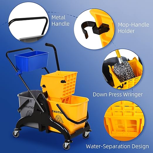 HOMCOM 2 x 6.9 Gallon Mop Water Bucket Wringer Cart with Easy to Use Side Press Wringer, Smooth Wheels, Mop-Handle Holder