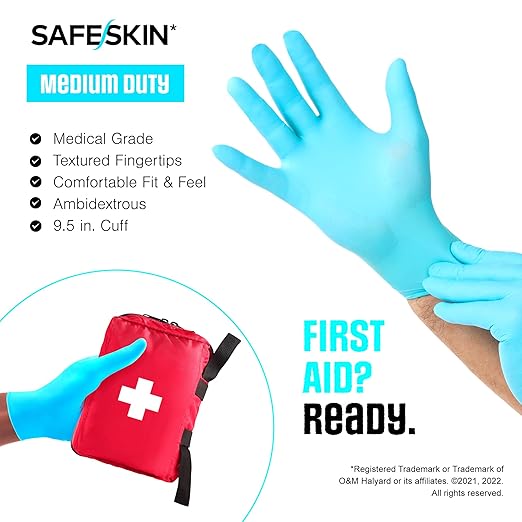 SAFESKIN Nitrile Disposable Gloves, Medium Duty, Large Size, Powder-Free - For Food Handling, First Aid, Cleaning, Gardening, Crafting - Exam Gloves, 100-Count