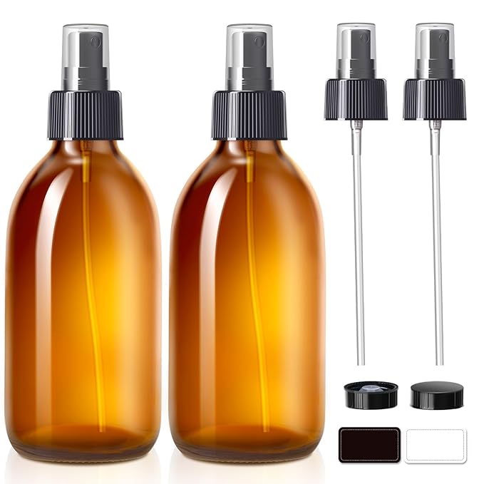 Tecohouse Amber Glass Spray Bottles 10.8oz, 2 Pack Empty Spray Bottle for Essential Oils, Small Glass Bottles for Cleaning Solutions, Plants, Hair with Durable Nozzle, Labels, Funnel